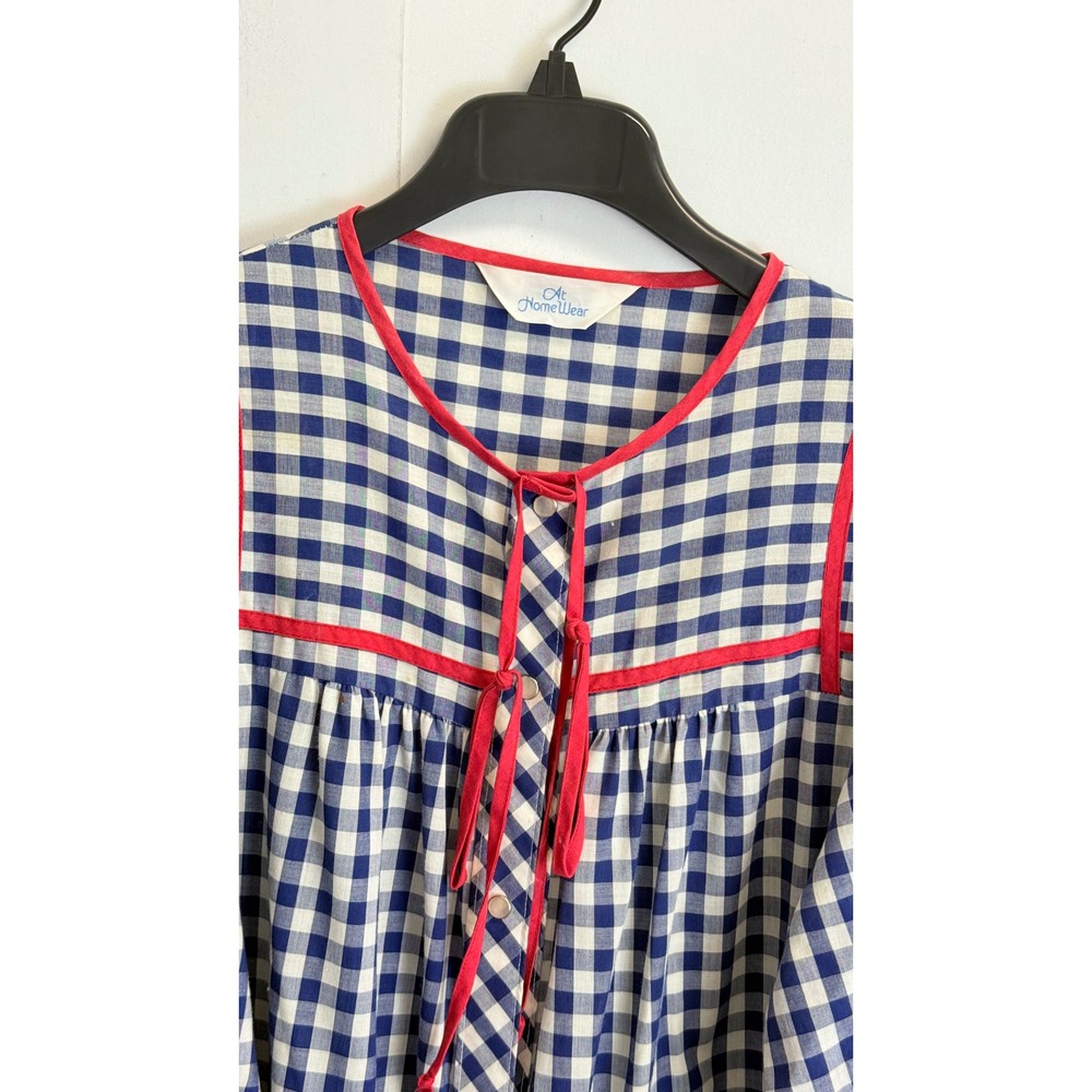 Vintage At Home Wear M/L Gingham House Dress Blue White Red Button Front Robe - Picture 2 of 9